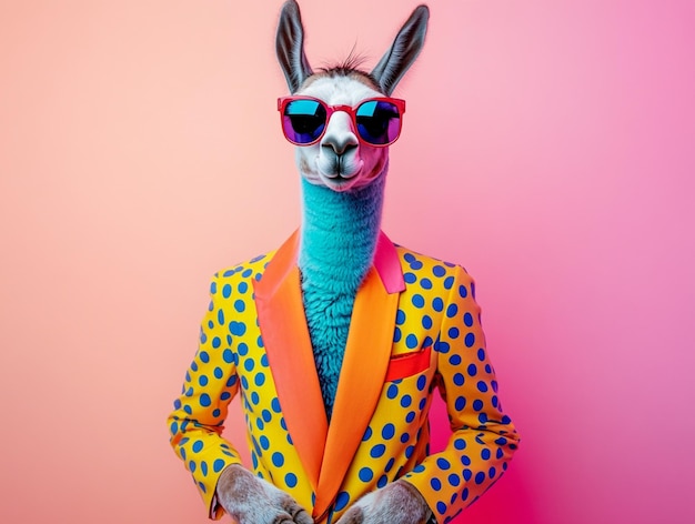 Photo a person wearing a colorful outfit with sunglasses and a kangaroo wearing an orange scarf