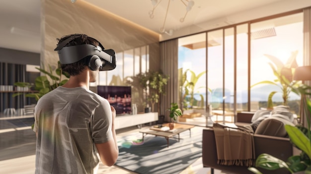 Photo person wearing futuristic virtual reality at home