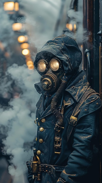 a person wearing a gas mask and a gas mask with smoke coming out of it