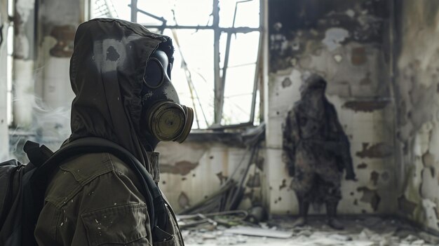 a person wearing a gas mask stands in front of a building with the number 3 on it