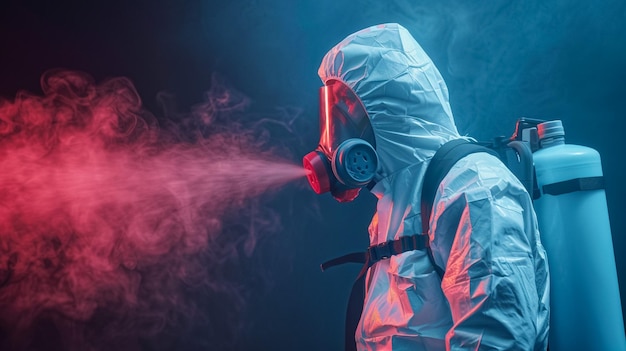 a person wearing a gas mask with a red and blue background