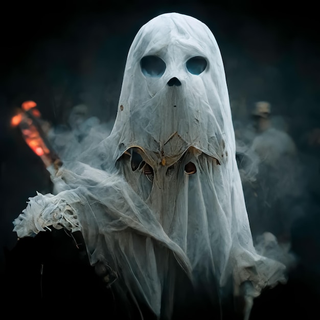 A person wearing a ghost mask with the word ghost on it.