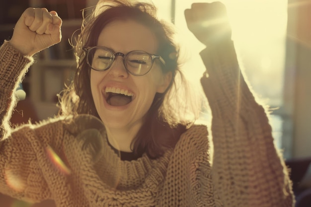 Photo a person wearing glasses and a cozy sweater jubilantly raises their fists in the air basking in the golden sunlight streaming through the window