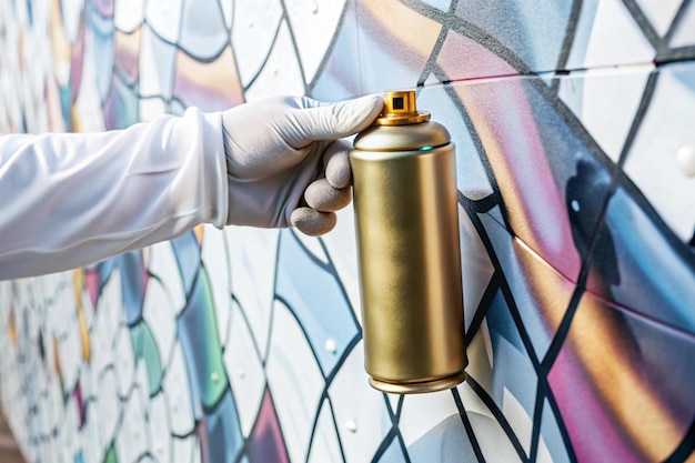 Photo a person wearing a glove is holding a gold container