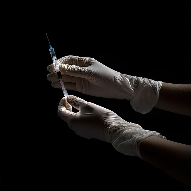 Photo a person wearing gloves holding a syringe with the letter b on it