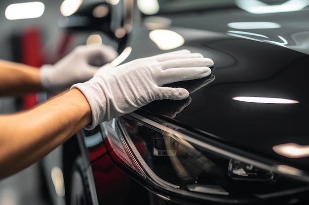 Photo a person wearing gloves is cleaning a car with a glove on their hand