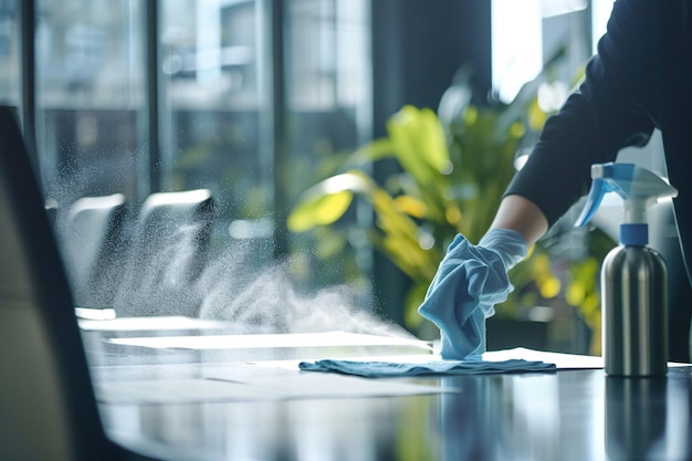 Photo person wearing gloves is wiping down a table in a conference room after a meeting