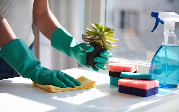 a person wearing gloves with a sponge and a cactus in their hand