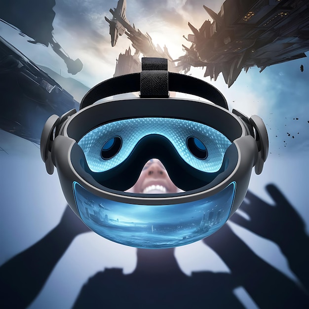 Photo a person wearing goggles and a mask is looking up at a persons face vr showing screen mockup