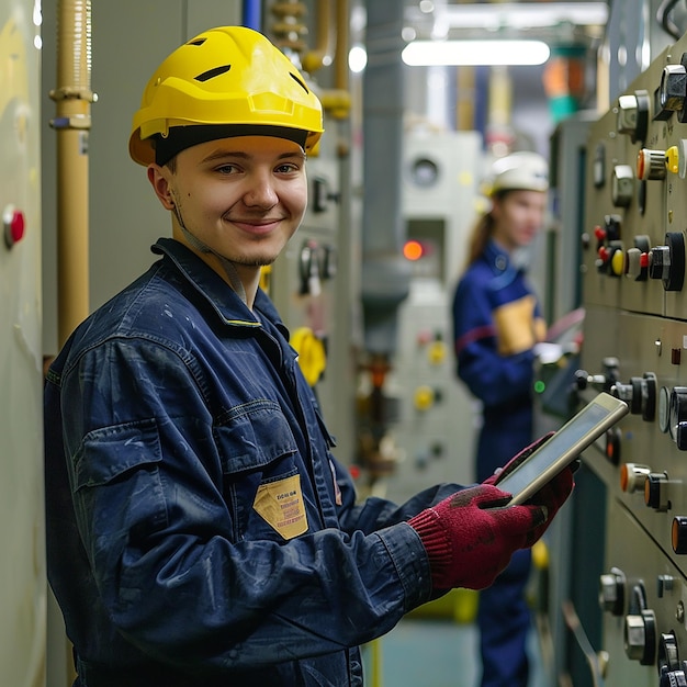 a person wearing a hard hat and a yellow hard hat is holding a tablet in front of a machine that say