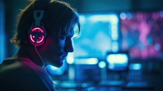 A person wearing headphones in a recording studio immersed in the world of sound creation