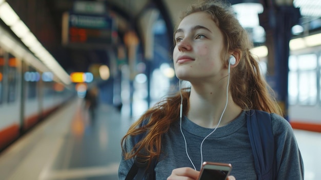 Photo a person wearing headphones stands in a train station waiting for their ride