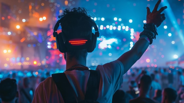 A person wearing headphones on their head while holding another pair of headphones in their hand