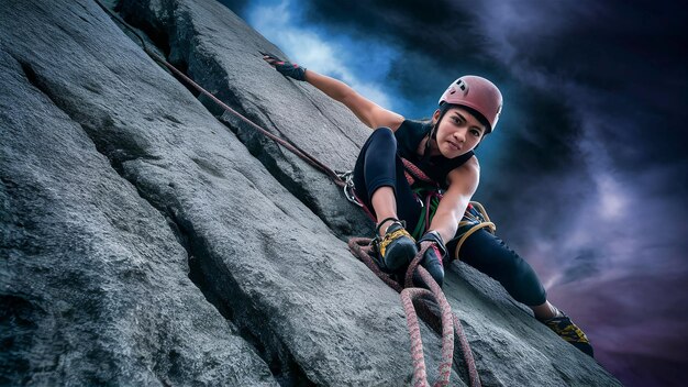 Photo a person wearing a helmet is on a rock with a rope