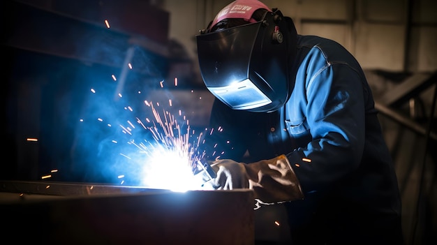 A person wearing a helmet and a red helmet is welding a piece of metal.