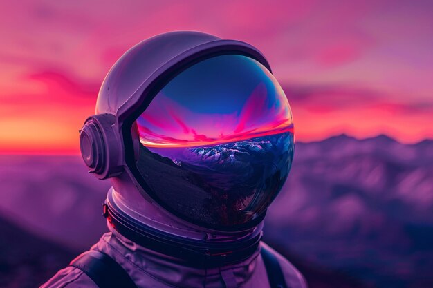 Photo a person wearing a helmet with a sunset in the background