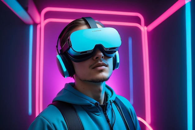 Person wearing hightech vr glasses while surrounded by bright blue neon colors