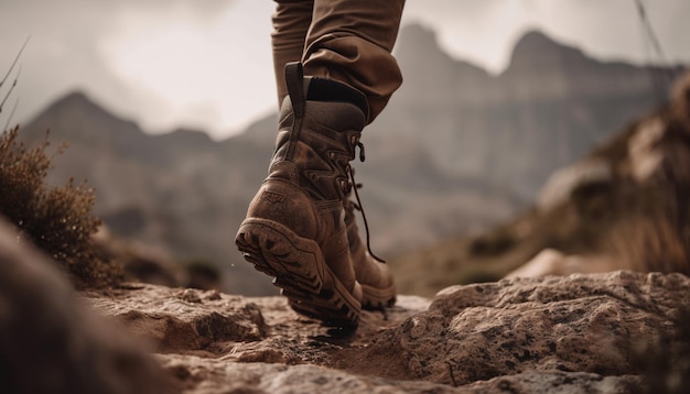 A person wearing hiking boots is walking across a rocky mountain.