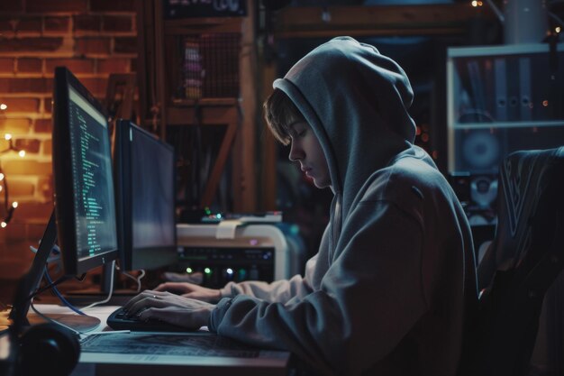 Photo person wearing a hoodie working on a computer in a dimly lit room coding on multiple monitors tech workspace inspiration cozy tech environment modern tech life generative ai