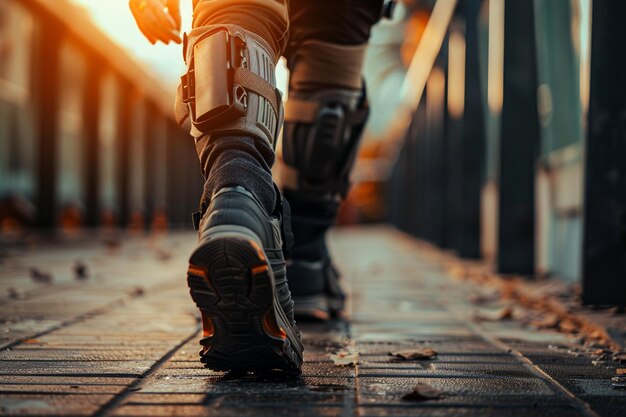 a person wearing a knee brace walks down a sidewalk