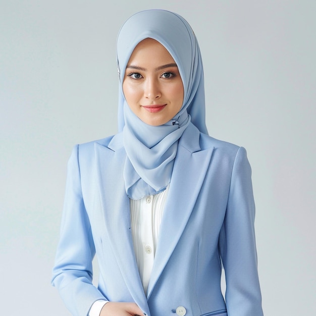 Person wearing a light blue hijab and matching blazer over a white shirt