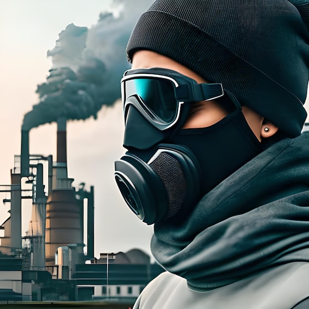 A person wearing a mask in a heavily polluted city or an industrial plant emitting pollutants