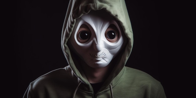 A person wearing a mask with a green hoodie that says alien.