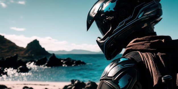 A person wearing a motorcycle helmet looks out to the ocean.