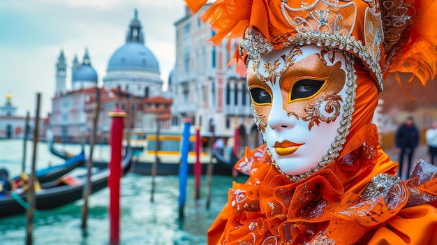 Photo a person wearing an orange and gold venetian mask with a blurred background of the grand canal in venice