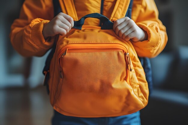 Photo a person wearing a orange jacket with a orange backpack