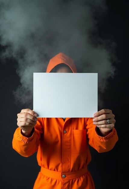 Photo a person wearing an orange jacket with a white square on their face