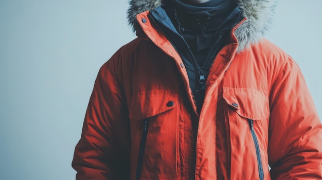 Photo a person wearing an orange parka with a furlined hood stands against a plain background showcasing winter attire during a cold season