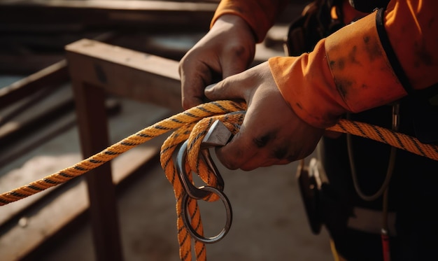 A person wearing an orange shirt is holding a rope with the word'rigging'on it.