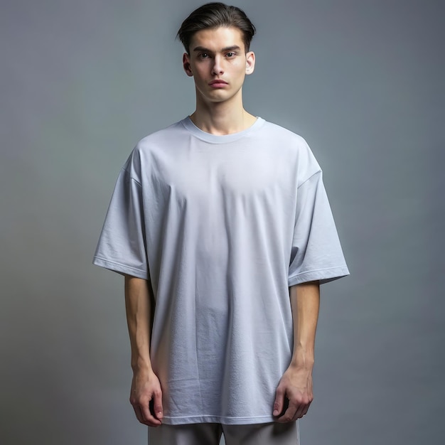 Photo a person wearing an oversized grey tshirt in a minimalist studio setting generative ai