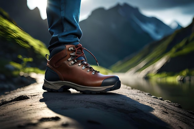 A person wearing a pair of hiking boots stands on a mountaintop.