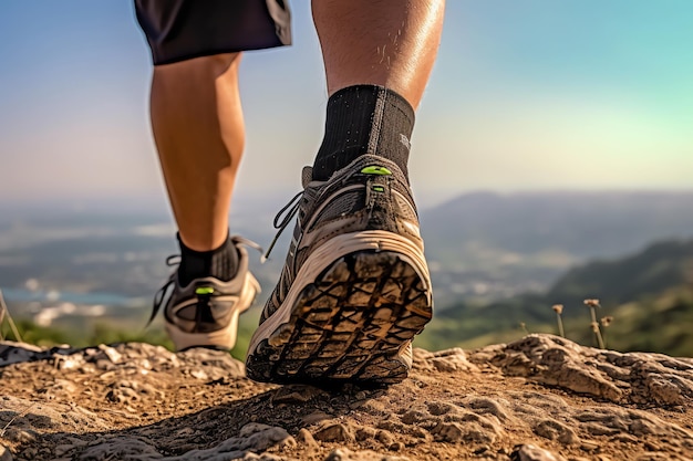 A person wearing a pair of hiking shoes with the word trail on the bottom.