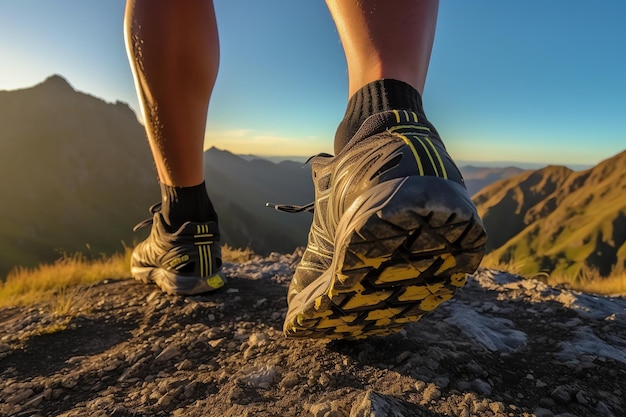 A person wearing a pair of running shoes is walking on a mountain top.