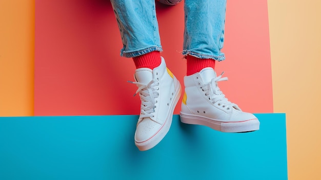 a person wearing a pair of sneakers with the word quot on the bottom