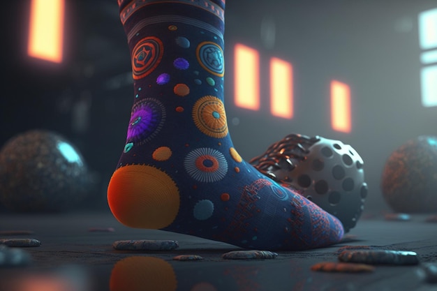 A person wearing a pair of socks with colorful circles on them.