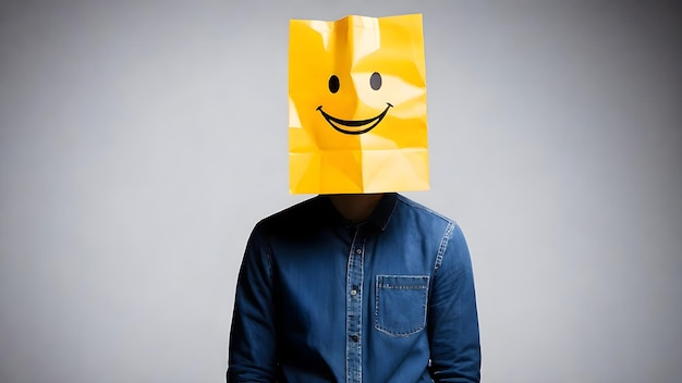 Photo a person wearing a paper bag on the head with happy emotion mark