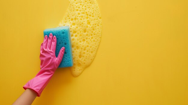 Person wearing pink gloves cleans yellow wall with sponge