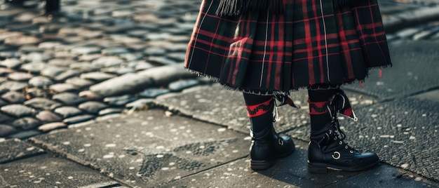 Photo a person wearing a plaid kilt and boots stands on a stone pavement in edinburgh