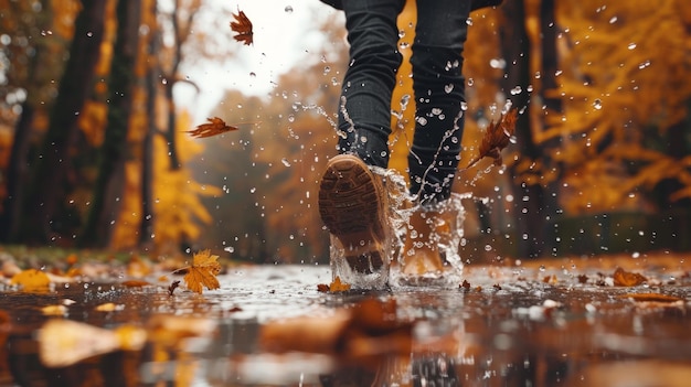 A person wearing rain boots in jumping in puddles Generate AI image