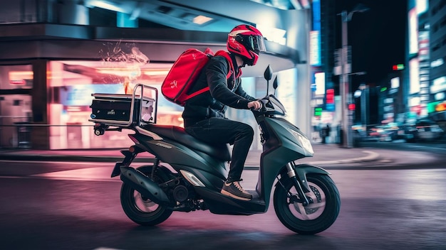 a person wearing a red backpack rides a scooter with a box on the back