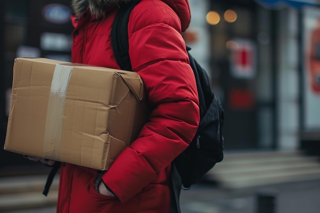 a person wearing a red coat with a cardboard box on their back