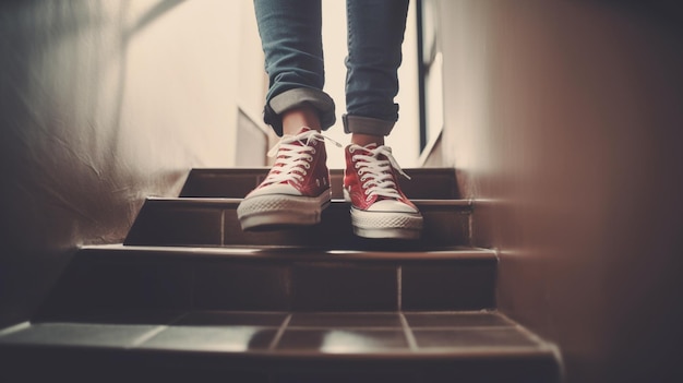 A person wearing red converse shoes is walking up the stairs.