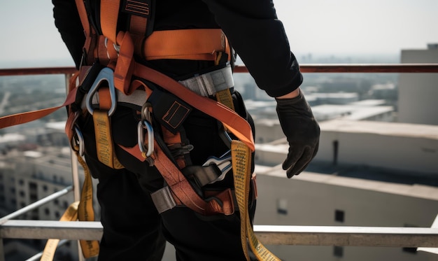 A person wearing a safety harness with the word safety on it