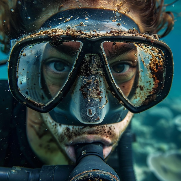 Photo a person wearing a scuba mask is looking at a diver wearing a scuba mask