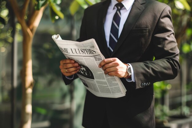 Photo person wearing suit reading business newspaper