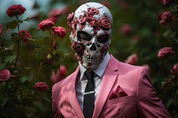 a person wearing a suit and a skull mask